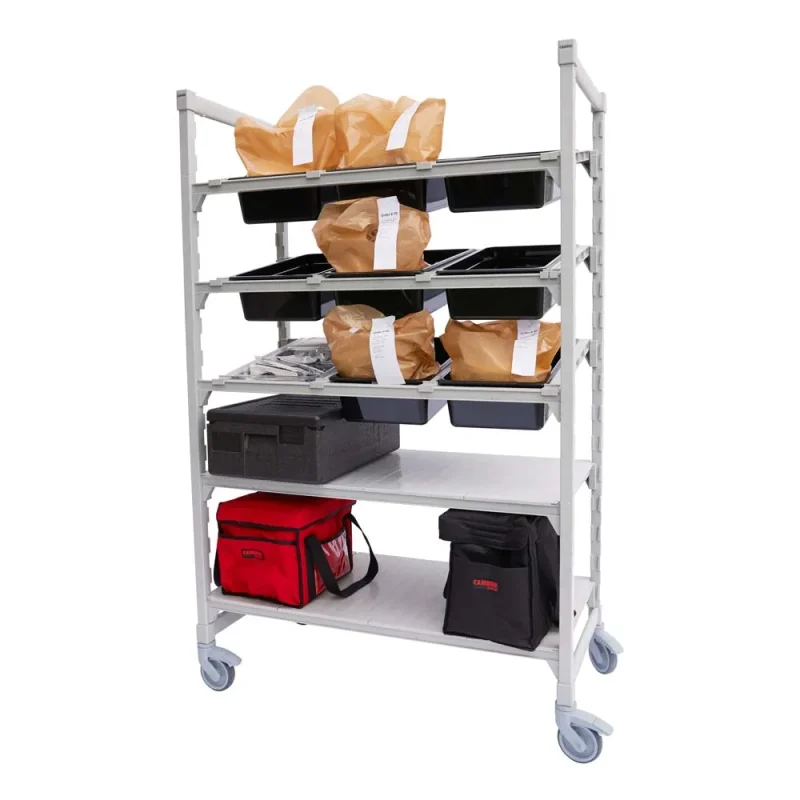 cambro camshelving flex station 2 shelves 3 tiers with angled dividers