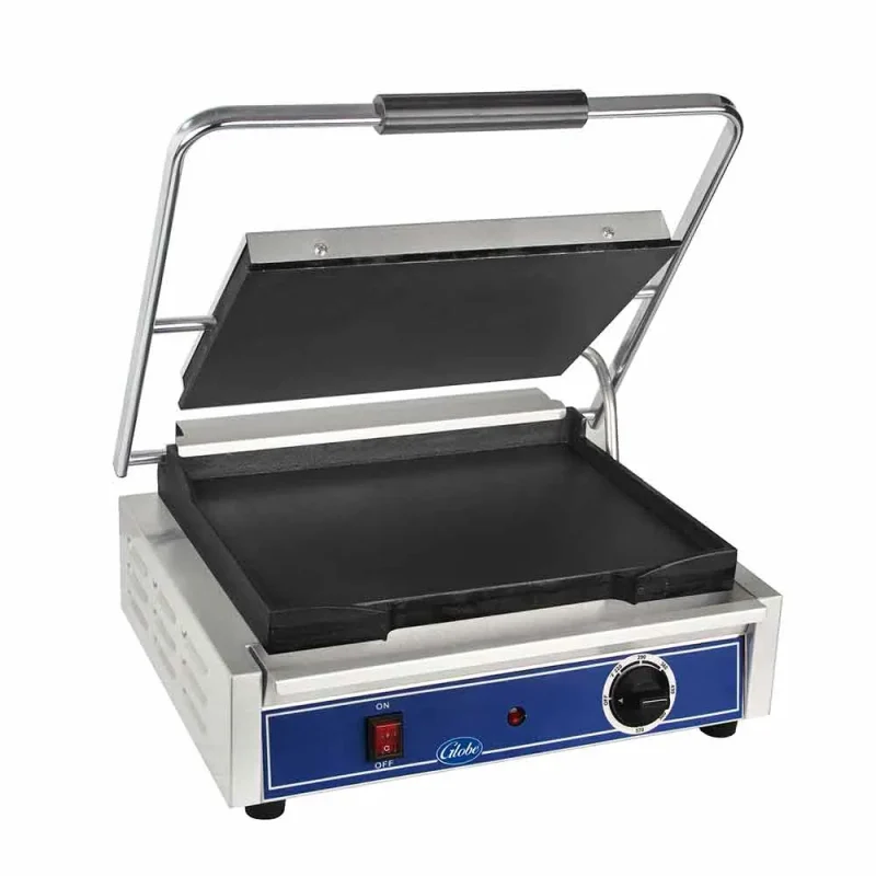 globe gsg1410 cast iron panini grill 14x10 smooth plates