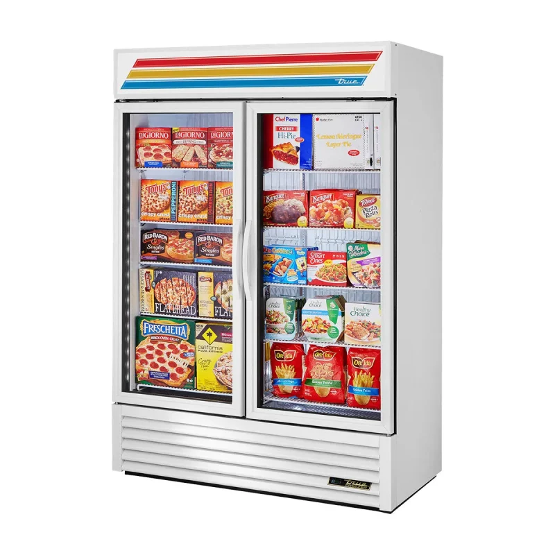 white 2 section glass door freezer merchandiser